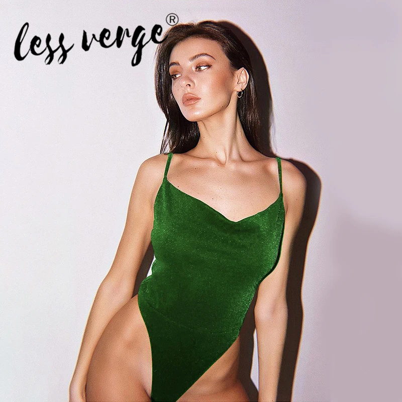 Lessverge Sexy Strap Sparkly Bodysuit Women Low Collar Backless Pure Color Bodycon Romper 2020 Spring Female Jumpsuit | Женская одежда