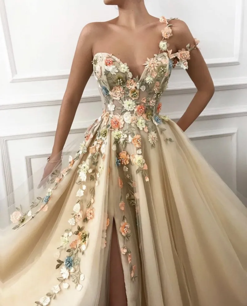 Elegant Prom Dress Long V-Neck Appliques with Flowers Handmade Side Split Tulle Evening Gowns Party Graduation vestido de festa
