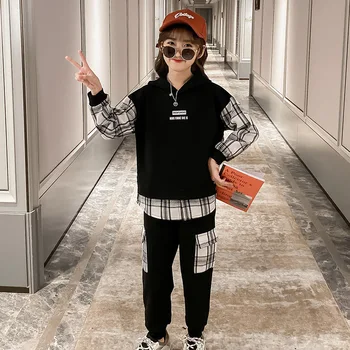 

Cuhk Children's Grid Splicing Girls Outfits Kids Long Sleeve Hooded Sweatshirt+Trousers Two Piece Set Cotton Blended Casual Suit