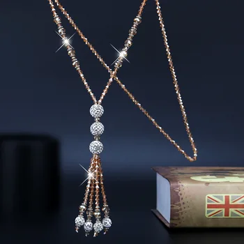 Japan Korean Fashion Shiny Crystal Beads Long Necklace  Kpop Simple Joker Tassel Strand Sweater Chain Women Leisure Jewelry