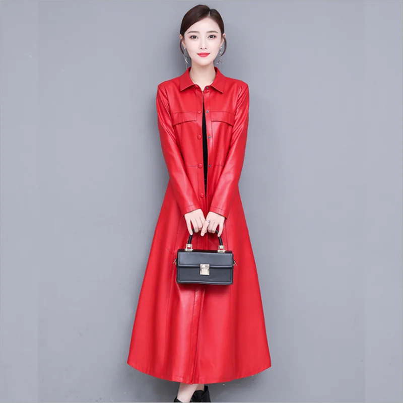 red Новая Осенняя зимняя Длинная ветровка из искусственной кожи женская модная трендовая кожаная куртка выше колена элегантное женское пальто размера плюс - Цвет: red
