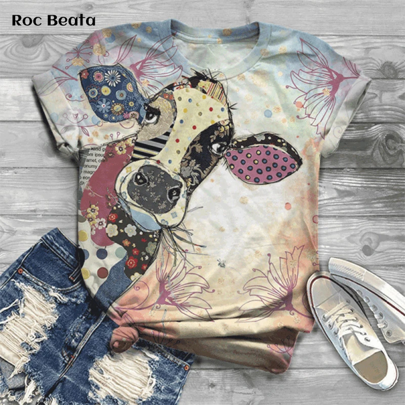 Camisetas estampadas en 3D con cuello redondo para mujer, camisetas Vintage para niña, camisetas de manga corta de talla grande
