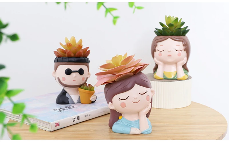 Cute Human Face Vase Succulent Planter Resin Vase Cartoon Character Decorative Head Face Flower Pot Indoor Desktop Ornaments