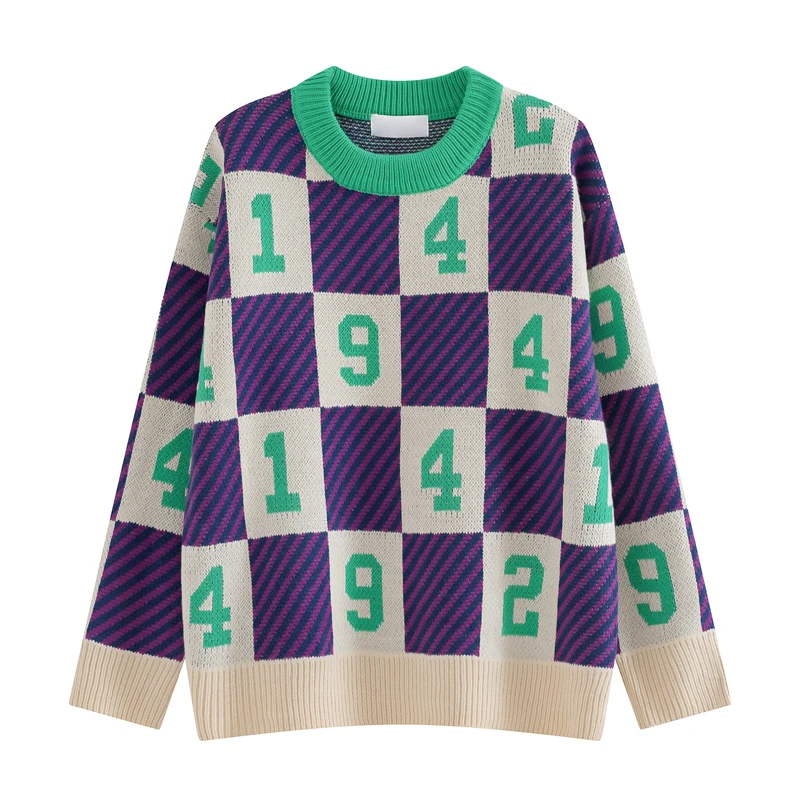 Loose New Vintage Fashion Women Winter Sweater Digital Jacquard Square Lattice Stripe Long Sleeve Ladies Thick Warm Knitted Tops |