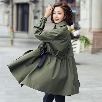 

2020 Spring And Autumn New Army Green Korean Windbreaker Jacket Female Mid-length Long Drawstring Slim Casual Long-sleeved Coat