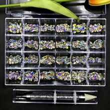 

1Box Crystal AB Rhinestone In Grids 20PC/Shape Flat- Back Nail Art Rhinestone Gem With 1 Pick Up Pen In Clear Big Box 400/480pcs
