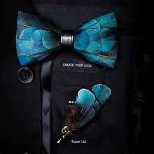 Новинка; ; мужские натуральные перья ручной работы; классический синий предмет; Благородный свадебный банкет жениха; туристические сувениры; галстук-бабочка