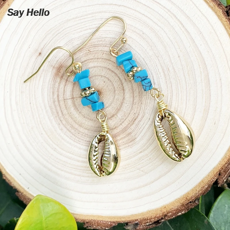 SAY HELLO Boho Marine Shell Handmade Stone Ethnic Turquoises Dangle Earrings Classic Metal Jewelry Gift Women B0407 | Украшения и