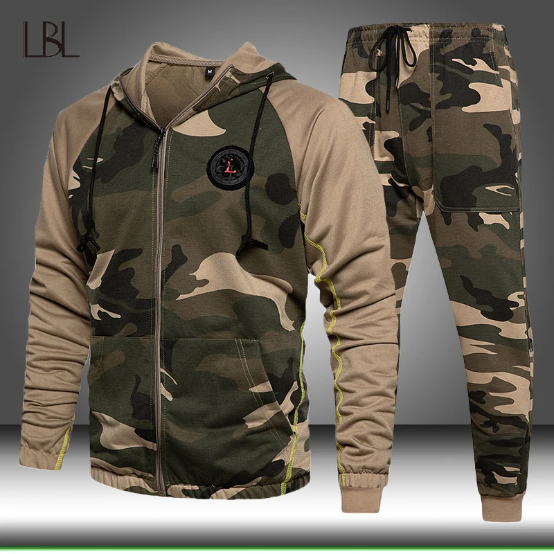 Sportwear Suit Hoodie Pants Pullover Joggers Winter-Sets Camouflage Male