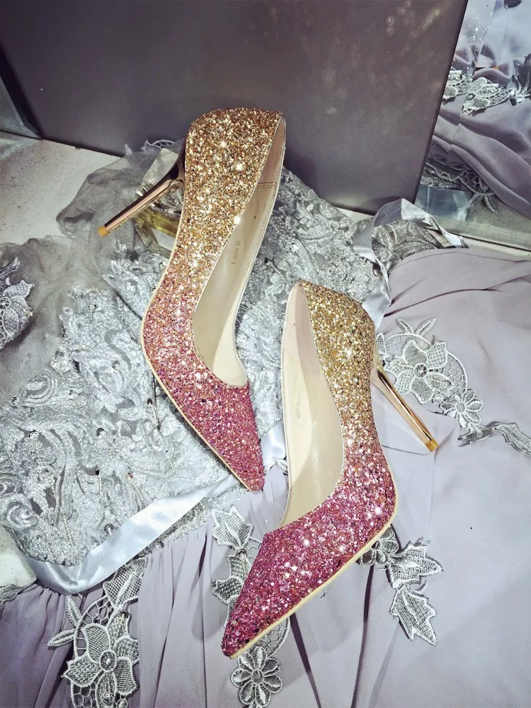 

Ozhouzhan Pointed Stiletto Sequin Gradient Color Dinner Low-Cut Genuine Leather Stiletto Shoes Women's