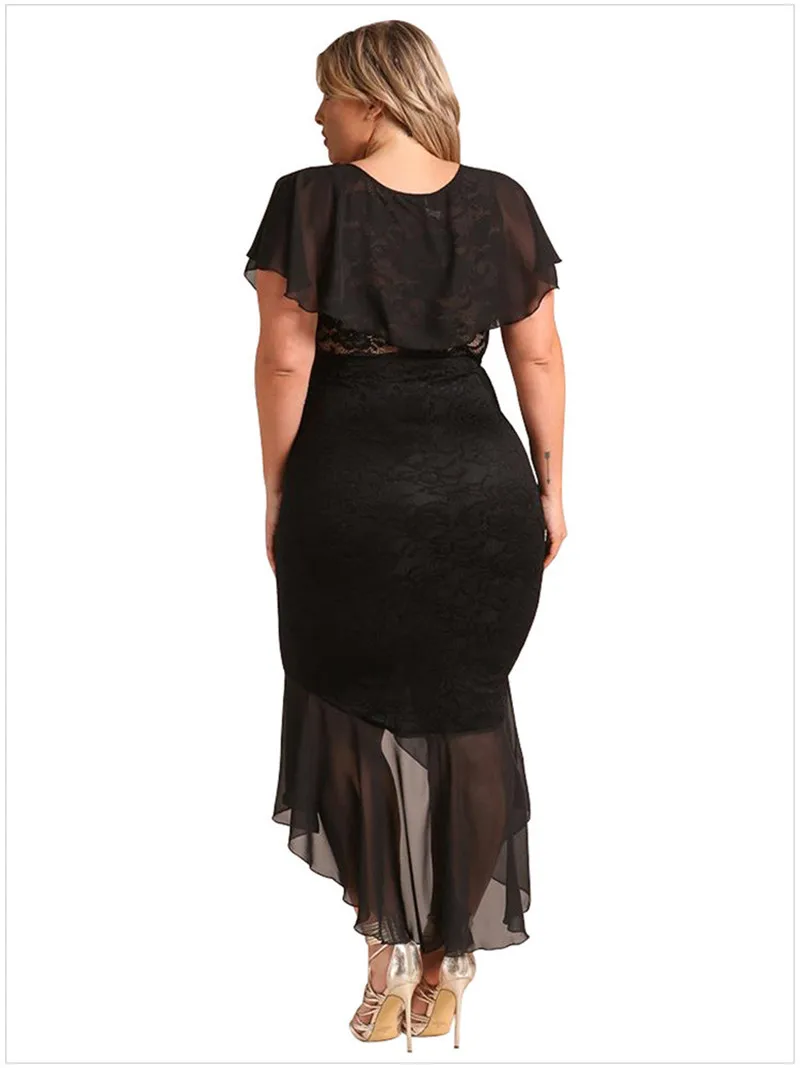 Najtaniej Wieczór Party elegancka koronka szyfonowa sukienka kobiety Sexy dekolt w szpic patchworkowa pomarszczona drapowania dół Hi lo Hem warstwowa rękaw suknia maxi