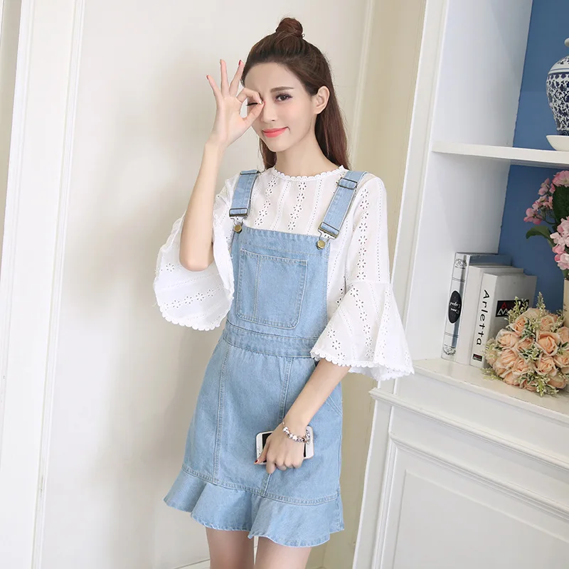 

Short Sleeve Two-Piece Set Summer Korean-style WOMEN'S Wear Flounced Head by Age Cowboy Suspender Strap Suit Dress