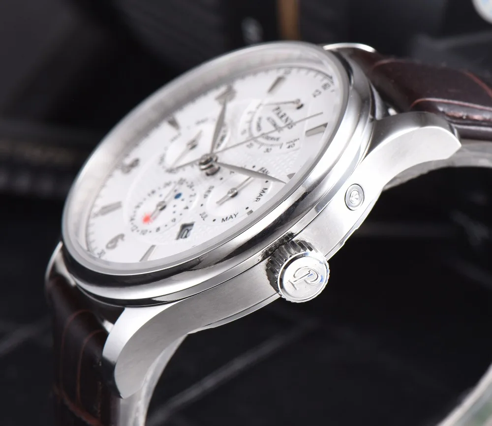 Parnis 43 мм золотой чехол механические Автоматические Мужские часы Moon Phase запас