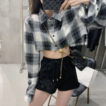 

WOMENGAGA 2020 NEW Plaid Short Shirt Long-sleeve Sing-breasted Sexy Raw-edge Casual Turn-down Girl Female Streetwear B026