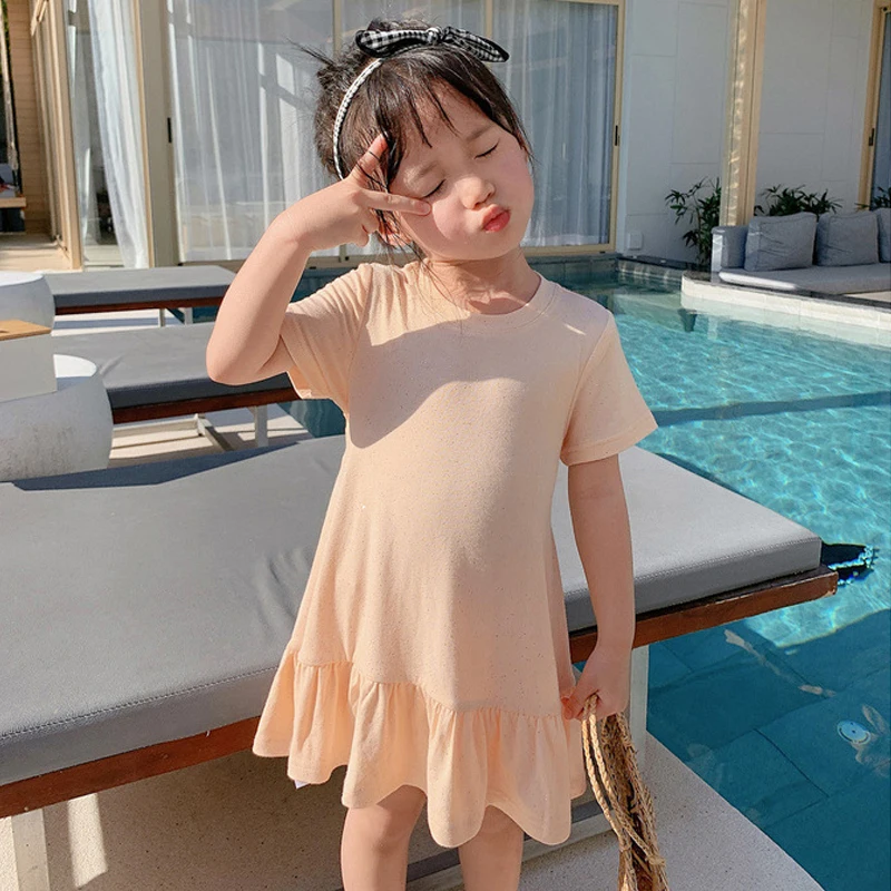 

Children Clothes 2022 Summer Solid Color New Fashion Short-Sleeve Little Girl Casual Dress For Girls Waist Folds Princess Dress
