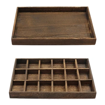 

2 Pcs Wooden Jewelry Tray Jewellery Organizer Bangle Earrings Storage Vintage Plate, Large Empty Plate & 18 Grid