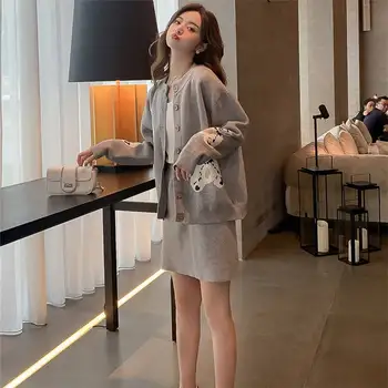 

2019 autumn and winter new bear knit cardigan skirt two-piece cartoon anime round neck long-sleeved temperament suit female