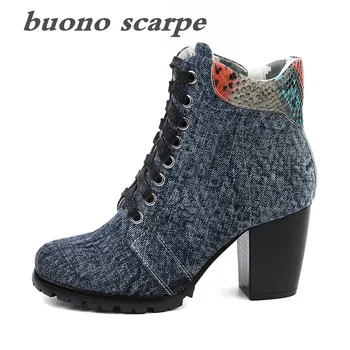 

2019 new Martin breathable British fan car ladies denim high heel shoe