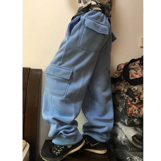 Plus Size Hip Hop Joggers Sweatpants for Men and Women Streetwear Big Pocket Cargo Pants Casual Straight Loose Baggy Trousers Light Blue