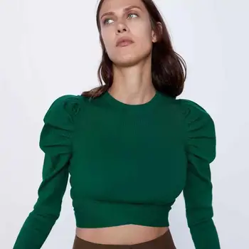 

ZA Autumn Sweater Women Clothes Irregular Puff Sleeve Pullover Fashion Sexy Short Sweaters Round Neck Long Sleeves Tops 2019