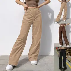 Pantalon en velours côtelé pour femme, taille haute, droit, couleur unie, jambes larges, poches 