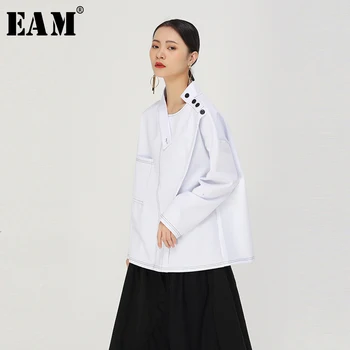 

[EAM] Women Button Line Split Joint Loose Big Size T-shirt New Round Neck Long Sleeve Fashion Tide Spring Autumn 2020 1K098