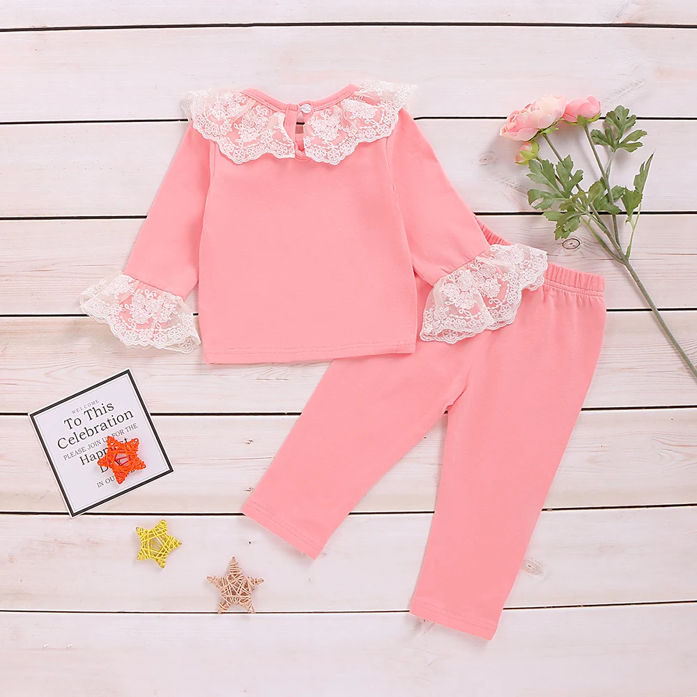 Одежда для новорожденных девочек; сезон осень-весна; одежда для малышей; костюм; Кружевное боди с длинными рукавами; комплект одежды розового цвета