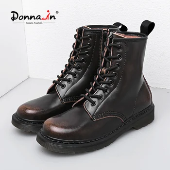 

Donna-in Women Platform Boots Genuine Leather Motorcycle Boots Autumn Fashion Round Toe Lace up Combat Ankle Boots Female Shoes