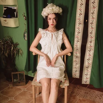 

Lace Cotton Nightdress Women Retro Court Style Hollow Out Frenulum Pure Color Sleeveless Breathable Sling Backless Nightdress