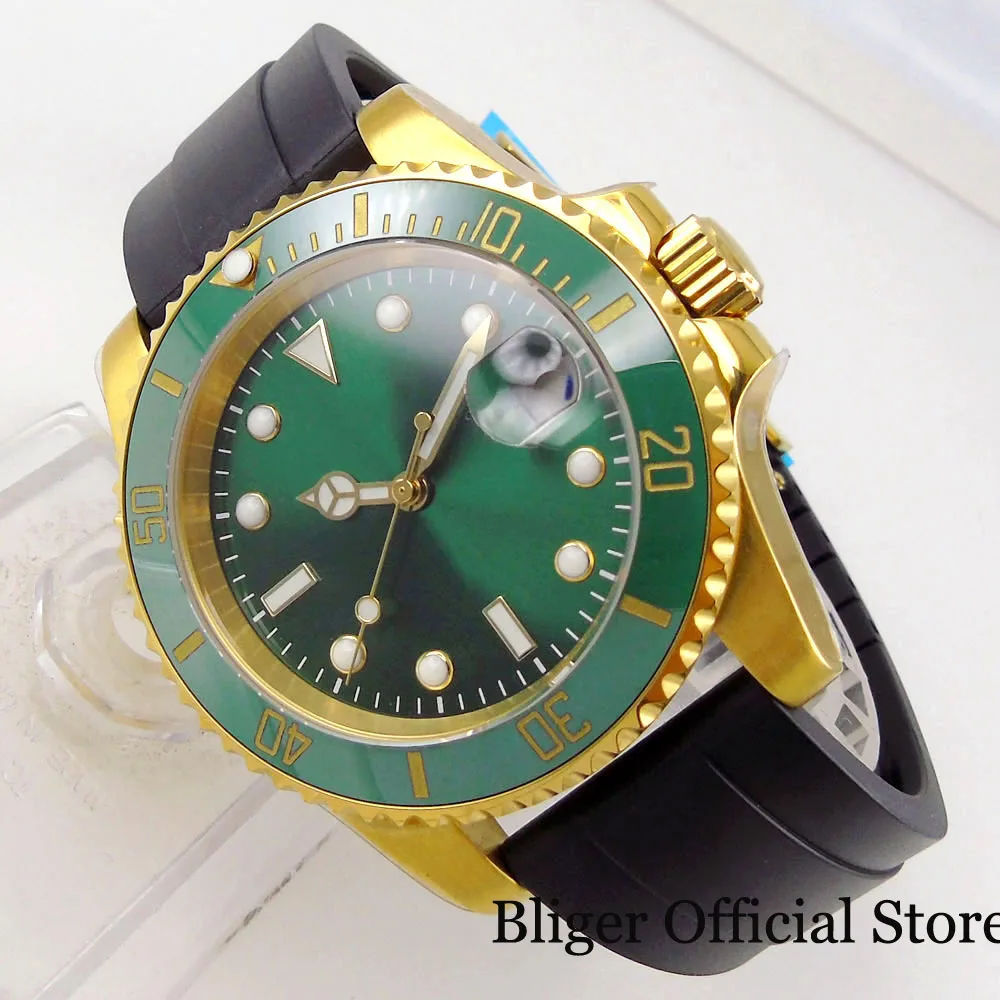 Bliger Green Automatic Men Watch Nh35A Pt5000 Miyota Movement Gold Case Flat End Cinturino In Gomma Sunburst Dial Inserto In Ceramica
