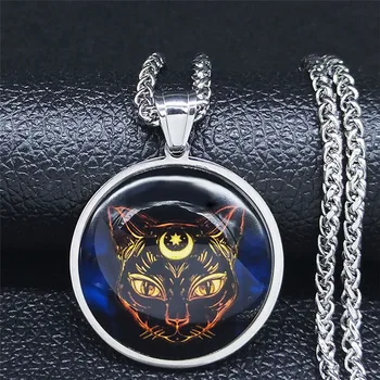 

2020 Fashion Witchcraft Cat Stainless Steel Chain Necklace Women Silver Color Long Pendant Necklace Jewelry collane uomo NJ34S02