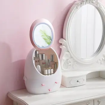 

USB Rechargeable Cosmetic Storage Box with LED Light Makeup Mirror Cosmetics Jewelry Drawers Holder Portable Organizer Container