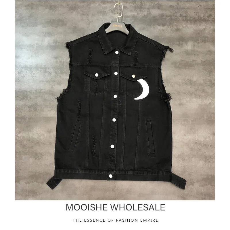 

2019 Autumn New Crescent Reflective Stickers Edging Black Denim Vest Outside Tower Female Street Tide
