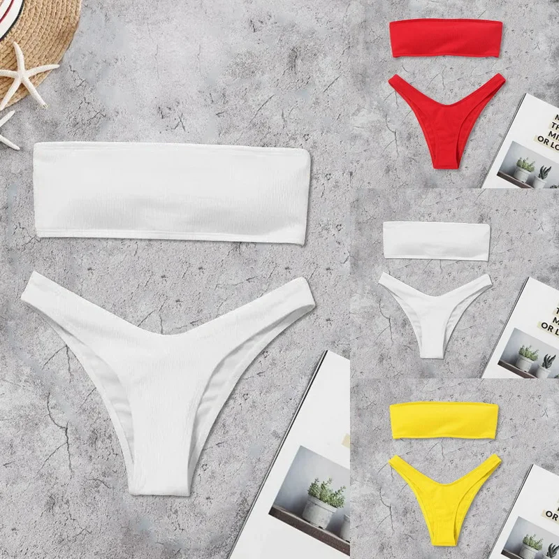 

High Waist Sports Bathing Suit Bandeau Push Up Bikini Set Solid Buckle Swimming Suit 2Pcs Bikinis Beach Wear Brazil Micro Bikini
