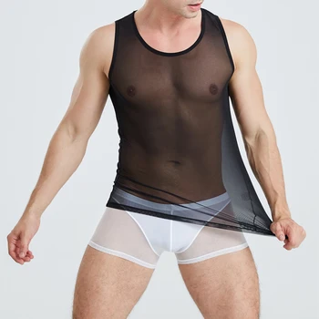 

Men Vest Man Slim Sleeveless Undershirt Sexy Top Tanks Boxer Transparent Underwear Set Breathable Lingerie Singlet Elastic