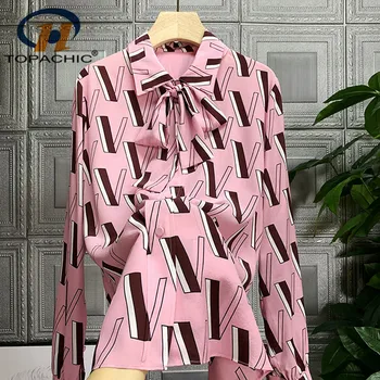 

4.14 European 2020 Summer New Turn-down collar Bow Bandage Single Breasted Letter Print Silk Long sleeve Blouse