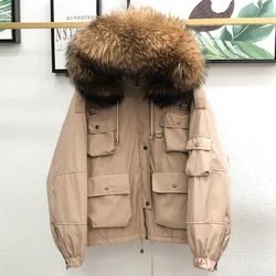 Grand manteau en fourrure de raton laveur naturelle pour femme, Parka épaisse, 90% duvet de canard blanc, à capuche, court, ample, vêtements d'extérieur, hiver 
