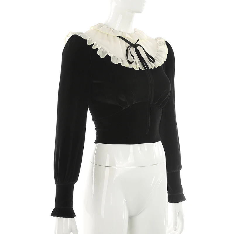 Rapwriter Elegant Runched Patchwork Mesh Lace-up Velvet T-Shirts Women Autumn Streetwear Long Sleeve Fitted Waist Tee Shirt