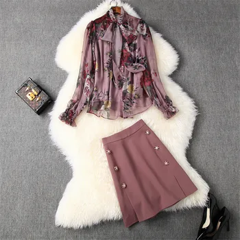 

2020 Spring Elegant Office Lady Two Piece Outfits Floral Print Chiffon Blouse and Skirt Suit Set New Designers Runway Set Women