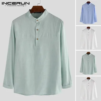 

Spring Cotton Men Brand Shirt Long Sleeve Button Casual Solid Stand Collar Vintage Dress Shirts Streetwear Camisa 2020 INCERUN 7