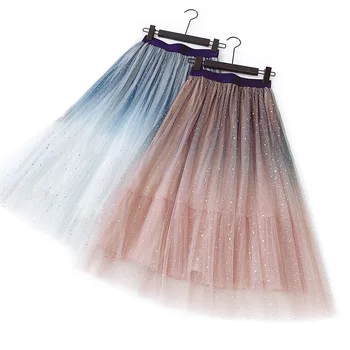 

Summer Ladies Gradient tulle high waist Skirt Starry Skirt Sparkling Gauze Skirt Fluffy Adult Tutu Skirt