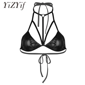 

Women Shiny Metallic Bra Tops Bikini Bra Halter Neck Front Strappy Details Bralette Tops Bikini Tops for Club Festival Dancewear