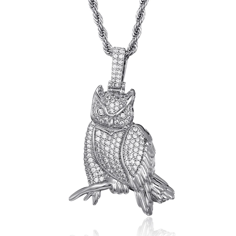 

D&Z Owl Animal Pendant In White Gold Soild Back Paved With Iced Out Cubic Zircon Stones Hip Hop Rock Jewelry Gift For Man