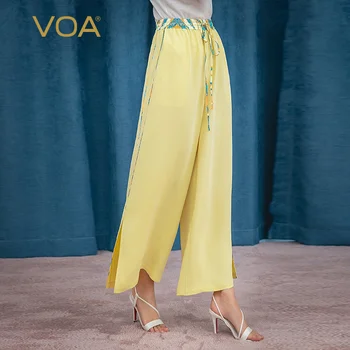 

Voa36mm light yellow heavyweight silk bumping print panel binding pleated leg opening casual wide leg pants K1077