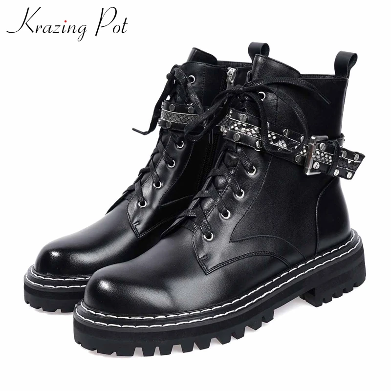 

krazing pot hot fashion rivets metal buckle cow leather lace up round toe med heels women keep warm black colors ankle boots L28