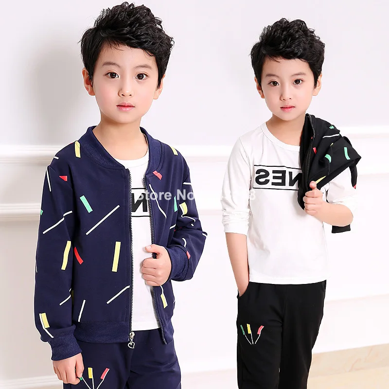 

Spring and Autumn New Boys Zippers The Three-piece Print Sets Big Boy Stripe Three-piece Sets Black Blue Color Coat+shirt+pant