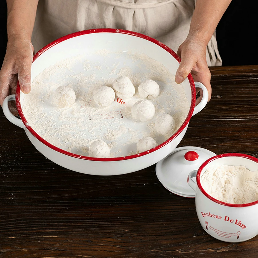 1PCS Enamel Double Ear Deep Dish Baking Tray Pastry Biscuit Bake Cake Pan Food Plates Storage Tray Dinnerware