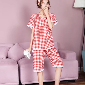

Suits home wear pajamas summer thin women short sleeves simple red lattice Korean casual loose large size cotton and linen