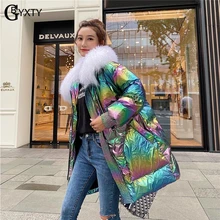 GBYXTY, модное голографическое пуховое пальто для женщин, зима, Воротник из натурального меха, большой размер, длинный пуховик, пуховое пальто, ZA1775