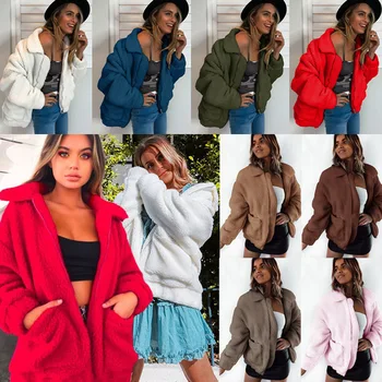 

Women Warm Loose Coat Plush Outwear 2020 Autumn Winter Pockets Turn Down Collar Zipper Female Outwear Plus Size Thick Jackets